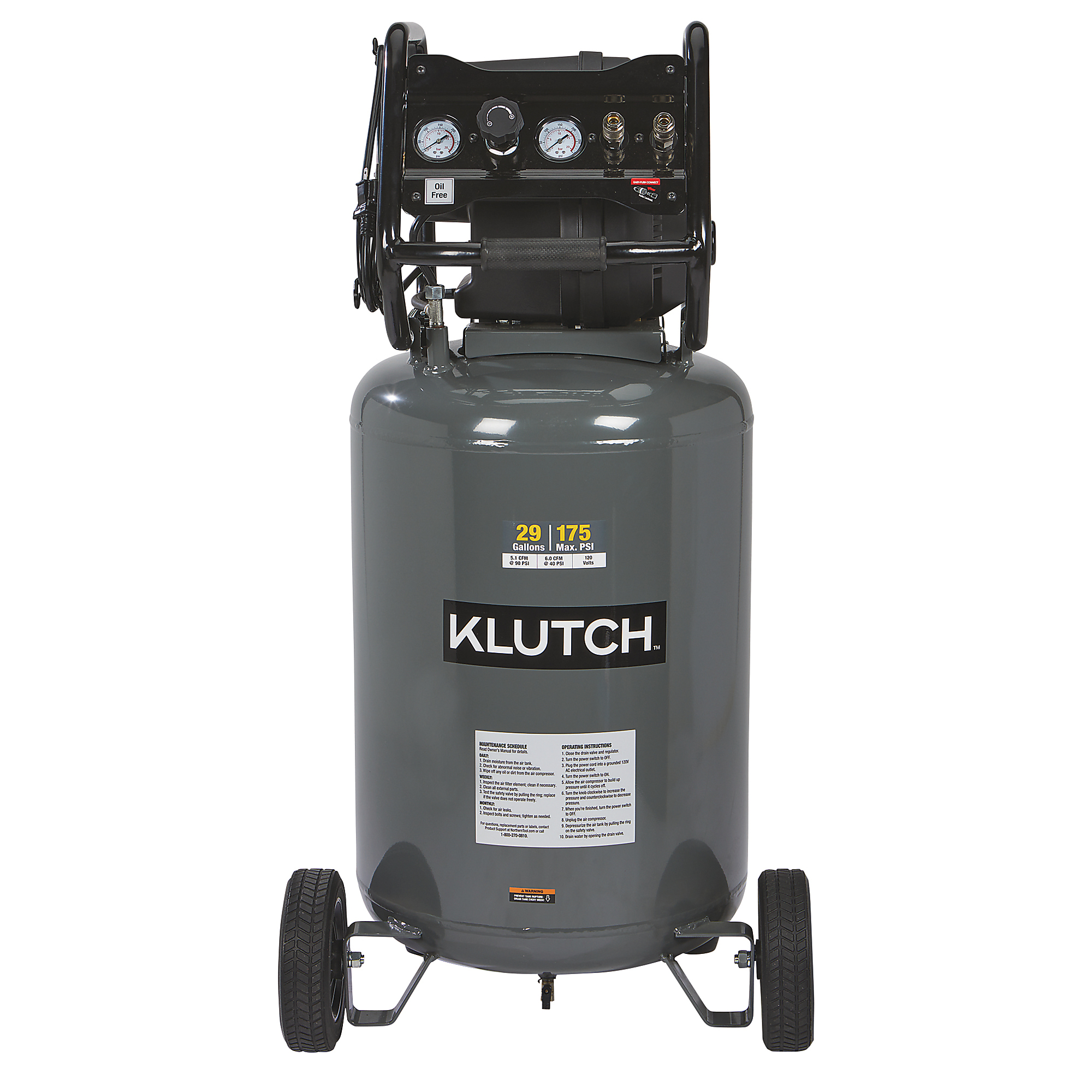 Klutch 29Gallon Air Compressor, 2.5 HP, 120 Volts, 175 PSI Northern Tool